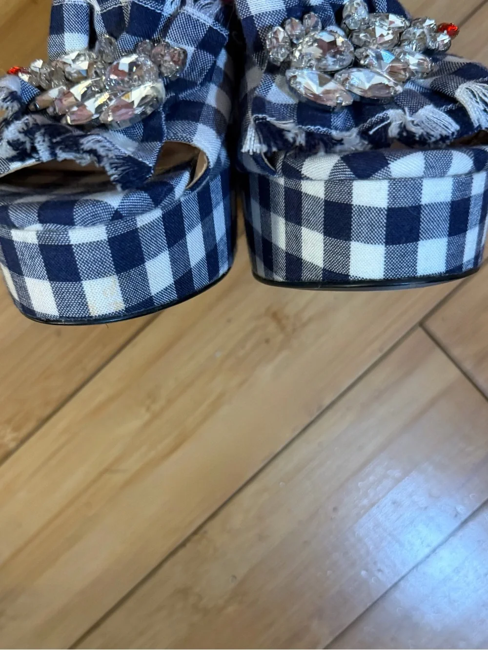 NWOT Zara Vichy Navy White Gingham Bejeweled Platform Heels Size 38 / 7.5